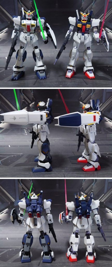 HGUCガンダムMk-Ⅱ(エゥーゴカラー・REVIVE版)のガンダムマーカー素組みとの比較。■塗装レシピ・ガンダムMk-Ⅱ白:パーツ裏側に黒サフ→パーツ表側にグレーサフ→キャラクターホワイト→つや消し青:黒サフ→アマゾンブルー→つや消しグレー:黒サフ→呉海軍工廠グレー→つや消し赤:グレーサフ→MSレッド→つや消し橙:グレーサフ→黄橙色→つや消し黄:グレーサフ→イエロー→つや消し関節類グレー:黒サフ→ブライトガンメタル→つや消し武器類濃グレー:黒サフ→MSグレー連邦系→つや消しビームサーベル刃エフェクト(クリアグリーン成型のものを使用):先端側にメタリックグリーン→根元側にベースホワイト→全体に蛍光グリーンジョイント類:黒サフHGUC版頭部カメラ・ツインアイ、センサー類:キット付属シールを使用RG版頭部カメラ:市販のシール素材を使用RG版頭部ツインアイ:ツインアイにガンダムマーカー・サイコフレームホログリーン→ツインアイ周りにガンダムマーカー・ブラック、墨入れブラック→光沢その他部分塗装、墨入れ:ガンダムマーカー各種→つや消し・複合兵装グレー:黒サフ→ガンメタル→つや消し銀:黒サフ→シャインシルバー→光沢ビームサーベル刃:根元側にベースホワイト→先端側にメタリックレッド→全体に蛍光レッドハンドガンセンサー:市販シール素材を使用