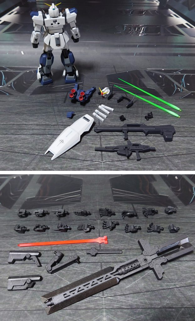 付属品一式。武器類については、ビームサーベル刃をクリアグリーン成型のものに変更、グリップを手持ち用に削って細くしたものと、バックパックマウント用で個別に用意しました。