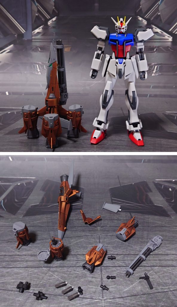 サイズ比較と、付属品一式。■塗装レシピオレンジ：黒サフ→シャインシルバー→メタリックオレンジ→つや消し黒：グレーサフ→黒鉄色→つや消しグレー：グレーサフ→ニュートラルグレー→つや消し金属色グレー：黒サフ→ガンメタル→つや消しグリップ・ジョイント類：黒サフセンサー類：市販シールを裏側に使用→光沢その他部分塗装、墨入れ：ガンダムマーカー各種→つや消し