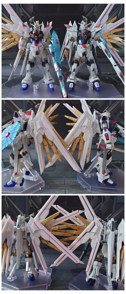 過去作、一般発売版のマイティーストライクフリーダムと比較。■塗装レシピ白：シャインシルバー→光沢銀：黒サフ→シルバーリーフ→光沢黒、青、赤、黄：光沢金：黒サフ→メッキ調ゴールド→光沢→墨入れ→光沢フツノミタマ刀身：黒サフ→ダークブルー→メタルシルバー→光沢ビームサーベル刃エフェクト：先端側にメタリックレッド→根元側にベースホワイト→全体に蛍光ピンクビームシールドエフェクト：表側、側面にガンダムマーカー・光の翼ホロブルー→光沢ツインアイ：キット付属シール→光沢センサー類：キット付属シールにガンダムマーカー・光の翼ホロブルー→光沢ビームライフル青：キット付属シールにガンダムマーカー・コスモメタブルー→光沢ビームライフル赤：キット付属シールにガンダムマーカー・ロイヤルメタレッド→光沢プラウドディフェンダー・ピンク：キット付属シールにガンダムマーカー・トランザムホロレッド→光沢墨入れ・部分塗装：ガンダムマーカー各種を使用