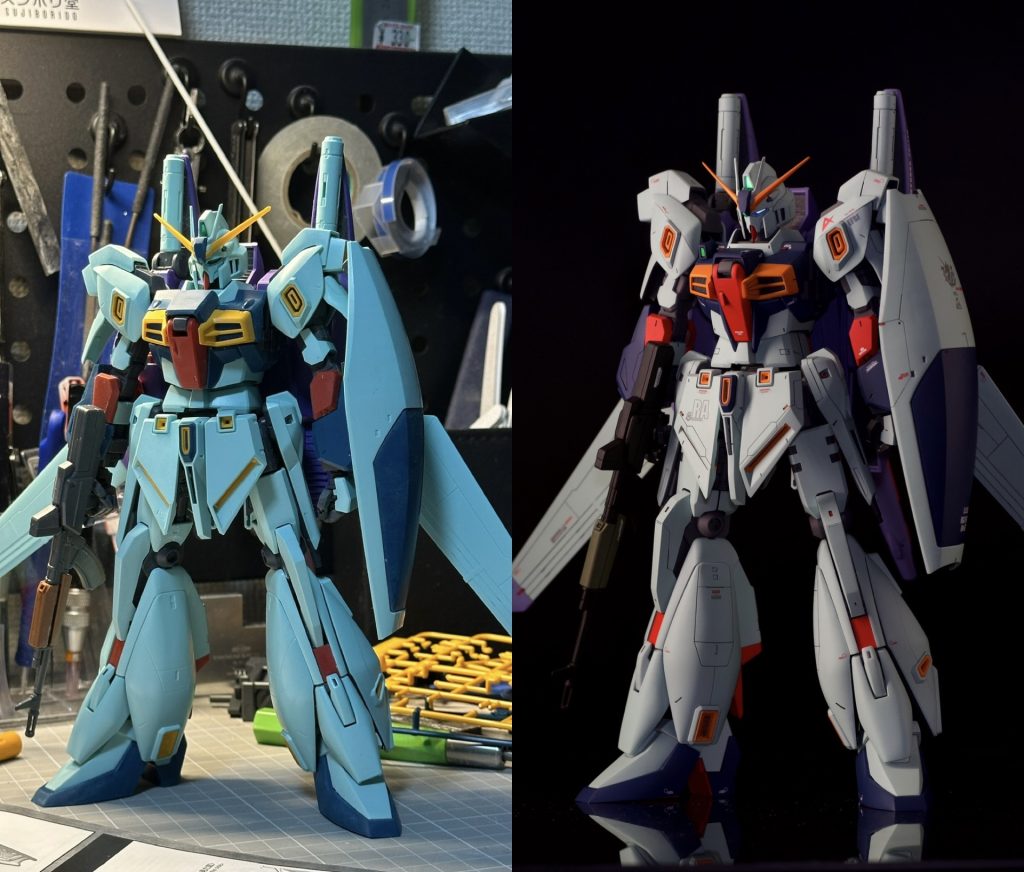 頭部‥ベロの位置を下げて、頰当て上部にプラ角棒で延長して好みのフェイスに。ブレイドアンテナ長すぎる印象だったので、短くしつつシャープ化。胴体‥ウェスト3mm延長に伴いコックピットハッチ延長。ハッチ上部内装のヒンジの位置を下げて、首周りをスッキリとした印象に。右胸のセンサーはプラ板で新造。腰部フロントアーマー増幅延長。腕部‥肩アーマー下部にプラ板を使い延長。上部のブースター？も肥大化。脚部延長のバランス取りの為、腕の付け根にスペーサーをかまして延長。脚部‥足首をプラ板で2mm程度延長。脚部の延長で下半身が華奢に見えないように、腿増幅延長、膝アーマー肥大化。NAOKIさんの投稿を参考にソール部は色を変えてみました。 