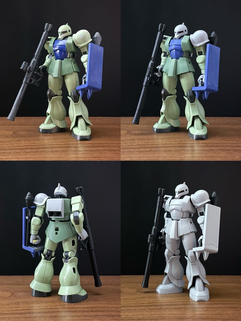 HGUC旧ザクのトサカ、鼻筋、胸のパーツを使用し、動力パイプを外して穴埋め、バックパックを旧ザクの形状に変更など行い、リバイブ量産型ザクを旧ザクに改修しました。