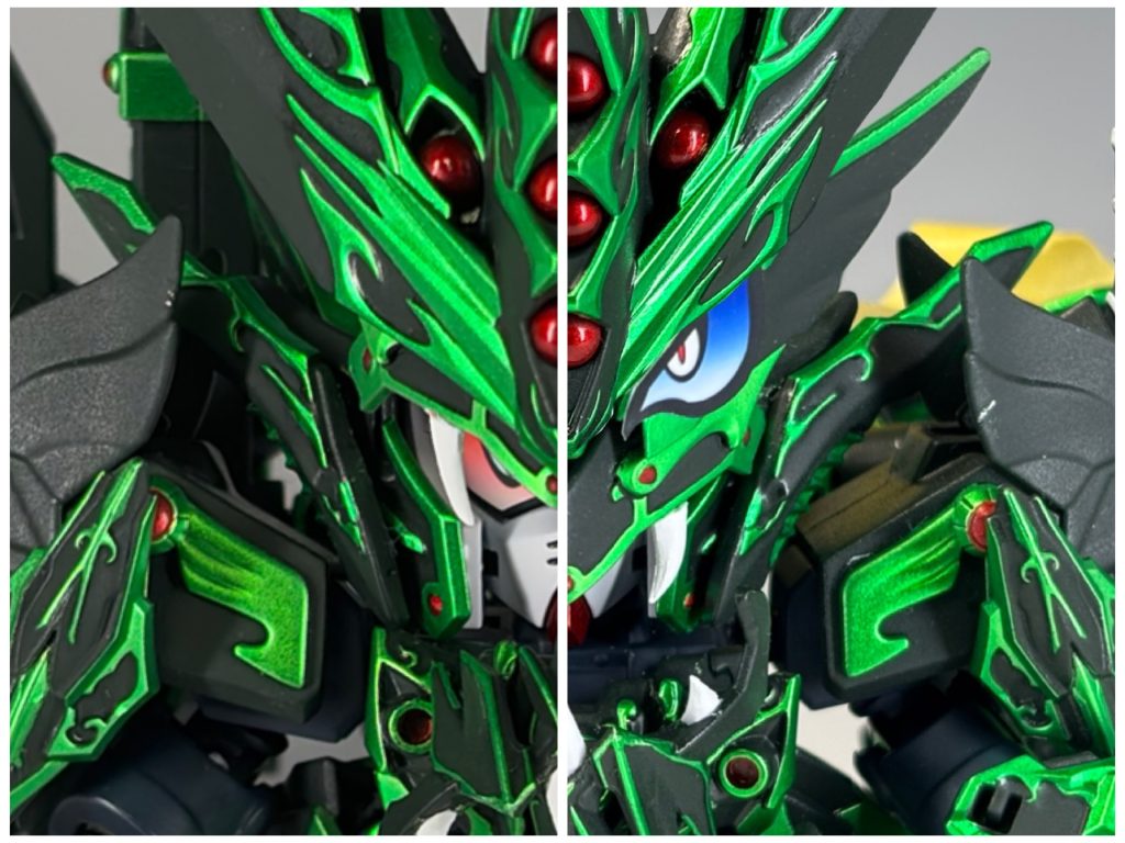 頭部は真駆参のバイザーとドミナントのツノ飾りの2段スライドです。ジークジオンの瞳は自作シールで、普段はツノ飾りでギリギリ隠れるようにしています。