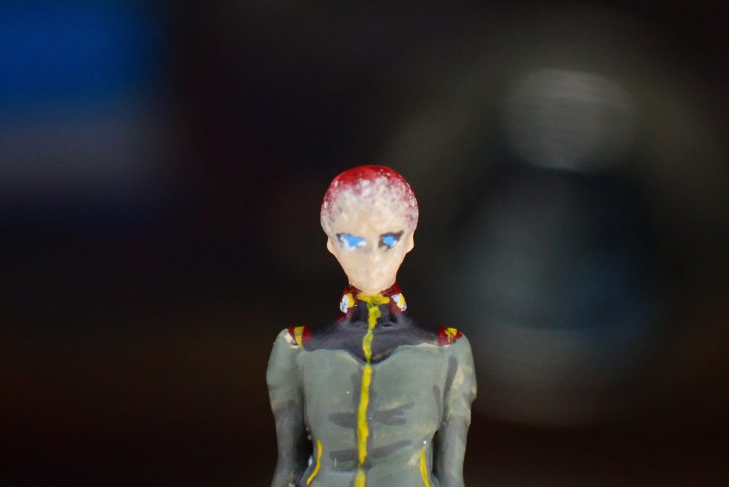 目はアクリルガッシュで描いていますが、肌色だけでもラッカーを吹いておけば修正が簡単です。最初の顔を描いてるときは裸眼でやっていましたが、リペイントのときはデジカメのズームで確認しながらやりました。自分の目にも拡大機能が欲しいな〜。