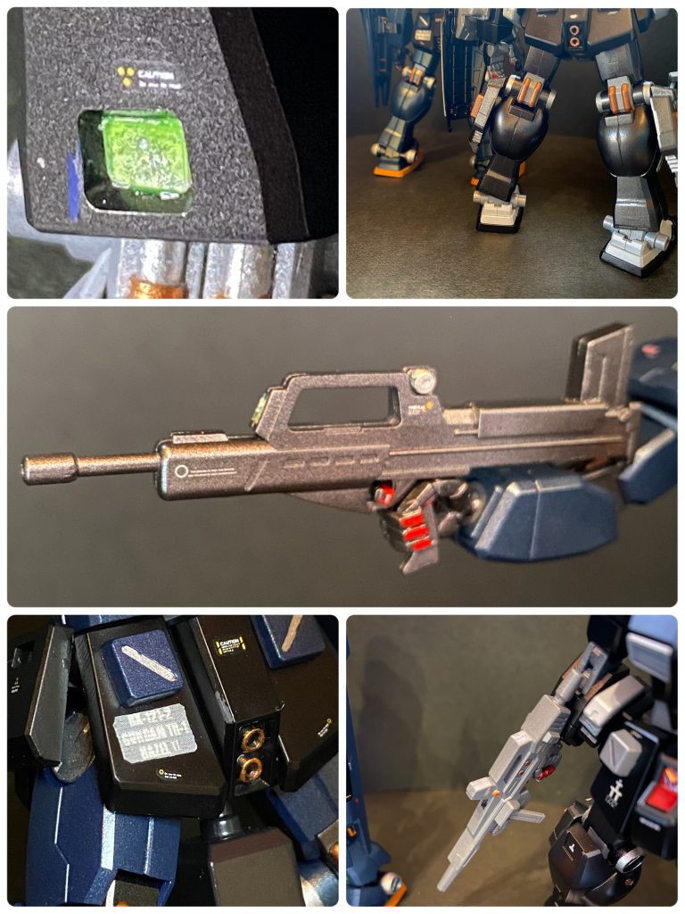 基本的にお手軽工作ですが、改修点をいくつかまとめて。・TRシリーズの特徴的な各所のセンサーカメラは、通常のシルバーの上にクリアカラーだと塗膜がイマイチ整わなかった為、今回はプラ板加工でクリアパーツをいくつか作りました。・合わせ目処理は、あとハメが必要な部分が多い為基本的に前回と同じく段落ち処理にしましたが、スネ裏のみ合わせ目消しを行いました。・武器類も同じく合わせ目消しと、ジムライフルは構えの邪魔になっていたマガジンを上部に移設する工作を塗装後にどうしてもしたくなり、急遽工作しましたw・お馴染みの自作型番デカールを今回も貼りました。