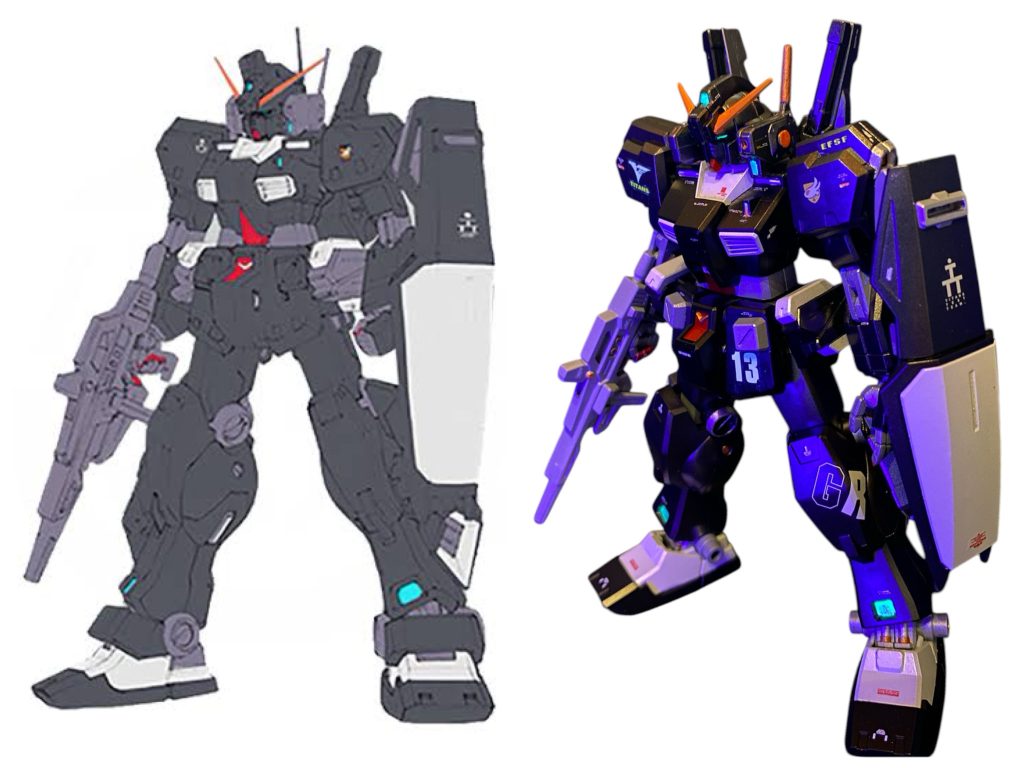 設定画と並べて。個人的には、結構いい感じには寄せれてると思いました。惜しむらくは、今回あまり手をかける余裕がなく30MMのパーツを付けただけになってしまったふくらはぎのスラスターユニットくらいか。