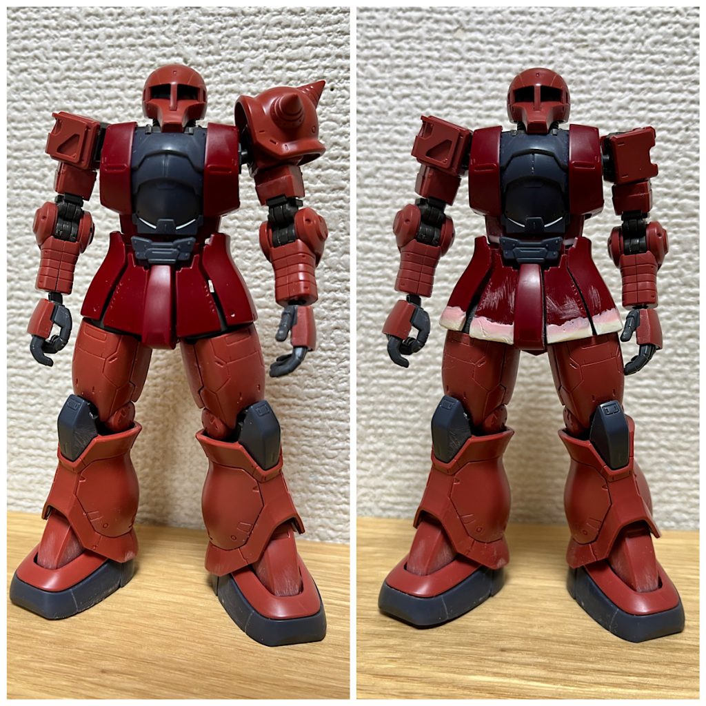 左が素組、右がスカート、胴体を延長した後(やすり前)