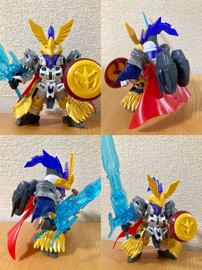 元々エレガントな騎士らしい雰囲気のトールギスなので、特徴的な羽飾りやマント、鎧甲冑や盾などのパーツを取り入れる事で自然とSDWヒーローズ規格の騎士トールギスらしくなりました。アーサーガンダムMk-Ⅲの水色クリアパーツ大剣のエクスカリバーは、両者の関係性を意識し同一形状という設定で、クリアパープルに彩色してランスロットの愛剣アロンダイトとして装備させています。ほか嵐の騎士トールギスの盾を三国伝・胡軫ギャンの盾と連結してサイズ感を調整したり、Gジェネ版SDトールギスのキットから背部スーパーバーニアを用いたりしています。