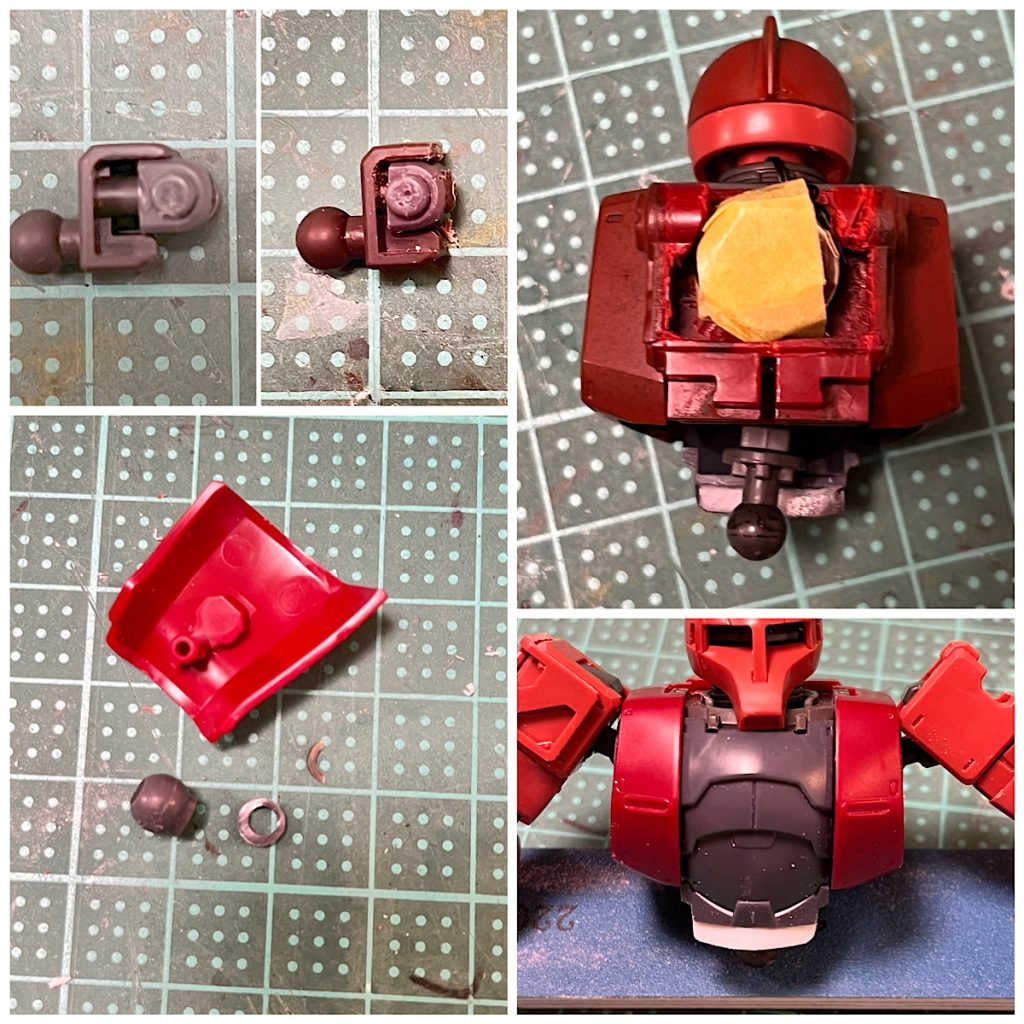 ・バックパックの中をくりぬいて電池を格納。餅を背負った子供みたい。・お腹の前をプラ板で延長(胴体を延長したら隙間が見えちゃうので)・肩と胸部の隙間が大きいので、肩関節を加工して切り詰め(左上の図)・スカートの隙間が大きいので、接続部分を切り詰め