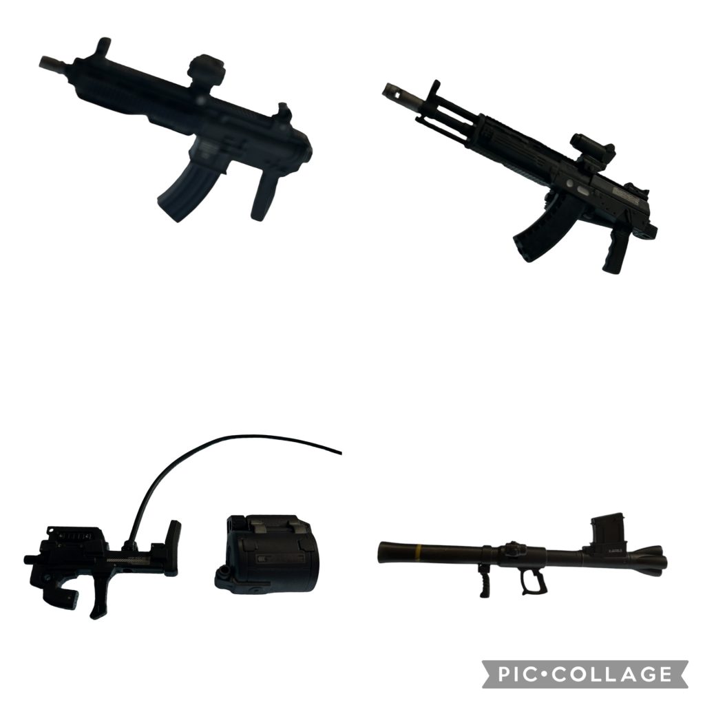 積載武装 ①単射可能なマシンガン②アサルトライフル③予備弾倉付マシンガン④面制圧のバズーカ