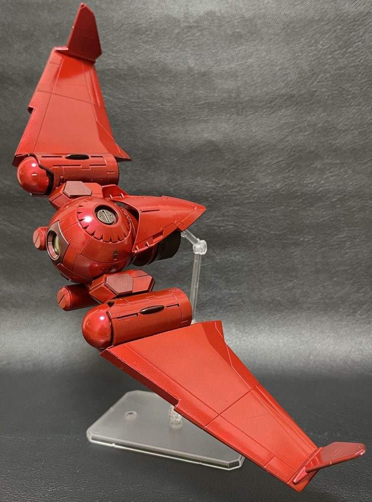 今回のコンセプトは武装などは極力飛行艇内に内蔵出来る物のみにし、外側には装備させないようにしてます。(なので、武装は簡易的なバルカンのみです。)飛行特化なので外側に付いてるのはブースターだけです。