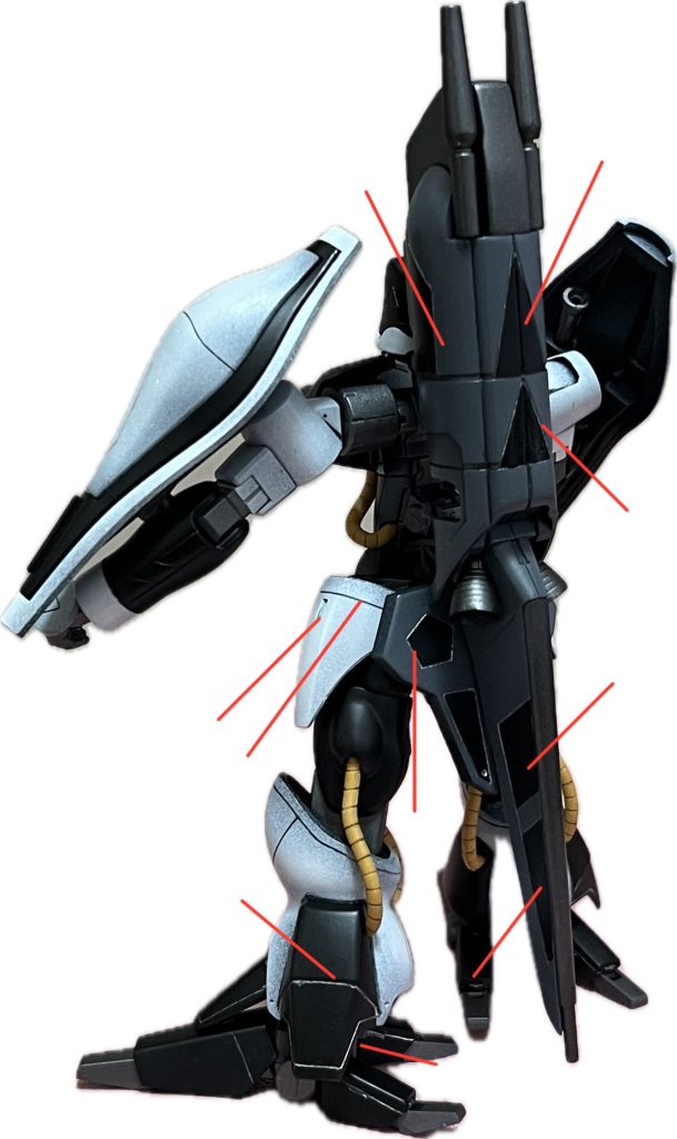 スジ彫り2塗装色EXホワイト(G),サフブラック(C),MSグレー(C),サフecoガンメタ(G)ブラック部の墨入れはエナメルシルバー(T)