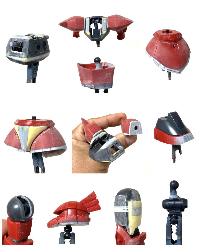 はい、改修箇所です。今回一番こだわったのは…実は『顔』なんです。これまでキットの顔がブサイクに思えて、いろいろ手を入れきたんですが、一周まわって「ん? やっぱキットのままが正解じゃね?」と思い始めたんですよ。で、シャアゲルやジョニゲルのような“小顔改修”はせずに、キットの顔をそのまま活かせるよう全体のバランスを調整してみました。具体的には、上半身をボリュームアップし、肩関節のスイング機構はオミット。ショルダーアーマーを大型化。頭部、首の取り付け位置を2mmほど前に移動(→これはこのキット、首の関節に難がありまして、アゴを引かせようとすると、顔が下を向いてしまいます。よって、頭部を後ろに下げ、アゴを引いて睨みを効かせた状態にするためです) 。それにともない、頭部の下側を1mmボリュームアップ(→これはアゴを引かせたときにうなじの辺りが寂しかったため)。つまり、今回は素組みより頭部は大きくなっているんですね! でも、全体のバランスとしては「顔デカ!」って感じはしないでしょ😅?で、上半身のボリュームアップに合わせて、下半身もスカート周りでボリュームアップ。腹伸ばし、太もものボリュームアップ、足首関節伸ばし…  このあたりはこれまでとほぼ同じですね。あ! あと、ビームライフルがガッツリいじってあります。極力デザインを変えずに1.5倍くらいに大型化してあります。 ってか、量産型といいつつキットはジョニゲルですね😆  ちなみに先に作ったジョニゲルの中身はシャアゲルでした🤣ナンダソレ