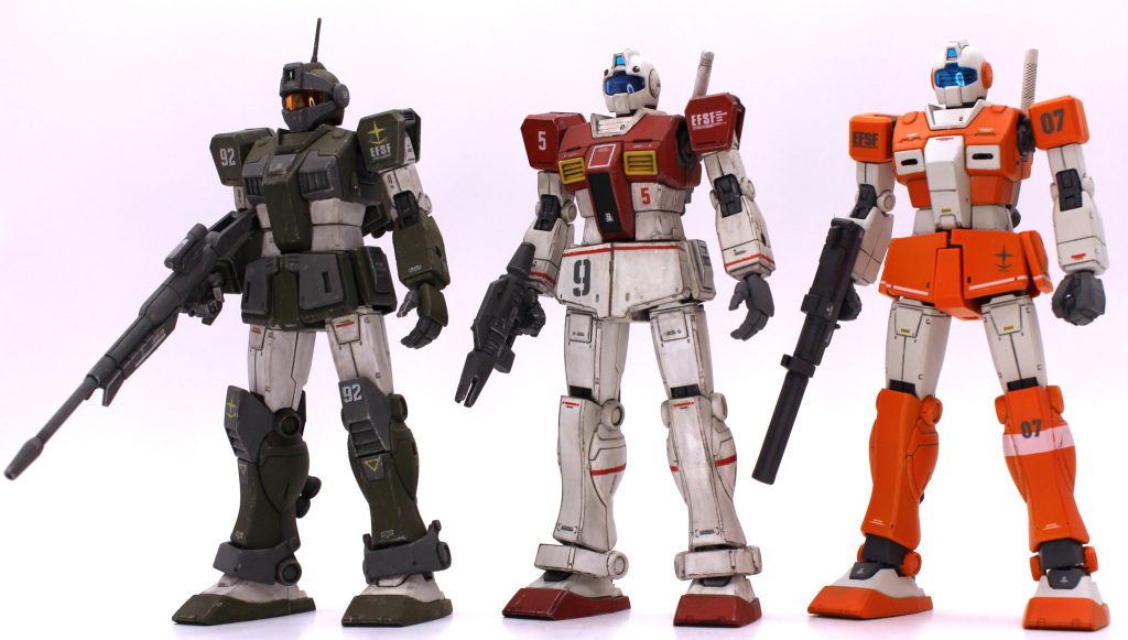 今まで制作したオリジンジム達に登場してもらいました。MSVカラーに塗り直したスナカスとリアルタイプ風ジムです。空間突撃ジムキャを積んでいるので、これまた次も小改造でノーマルジムキャを再現したいと目論んでいます。最後までご覧いただきありがとうございました。