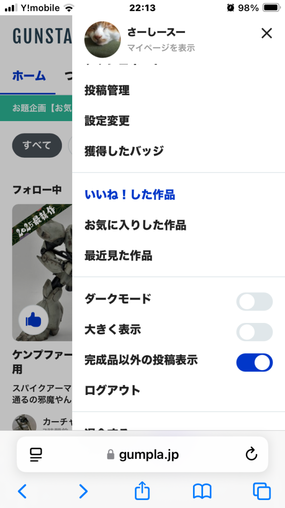 何故なら、つぶやき表示を変更してから、完成以外の表示はされなくなっています!表示するにはマイページの完成品以外の投稿表示をオンしないといけません😱