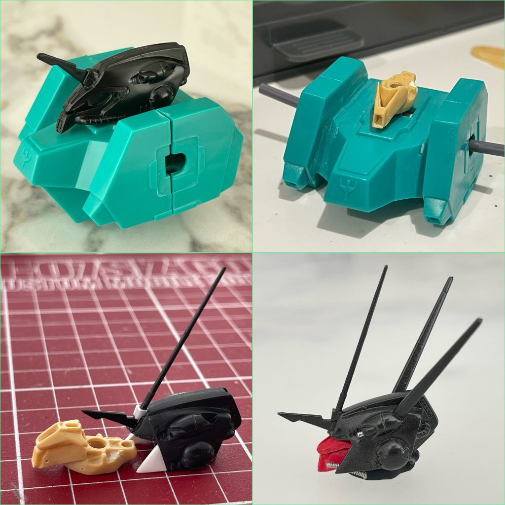 今回一番大変だったのが「顔が長過ぎ問題」の改修。キットの頭部をまずは幅詰めして、プラ板とパテで造形しました。しかし収まりをよくする都合でヘルメットを被っているみたいになってしまいました。当初のイメージとはかけ離れた出来上がりになってしまいましたが、とりあえず小顔にはなりました。