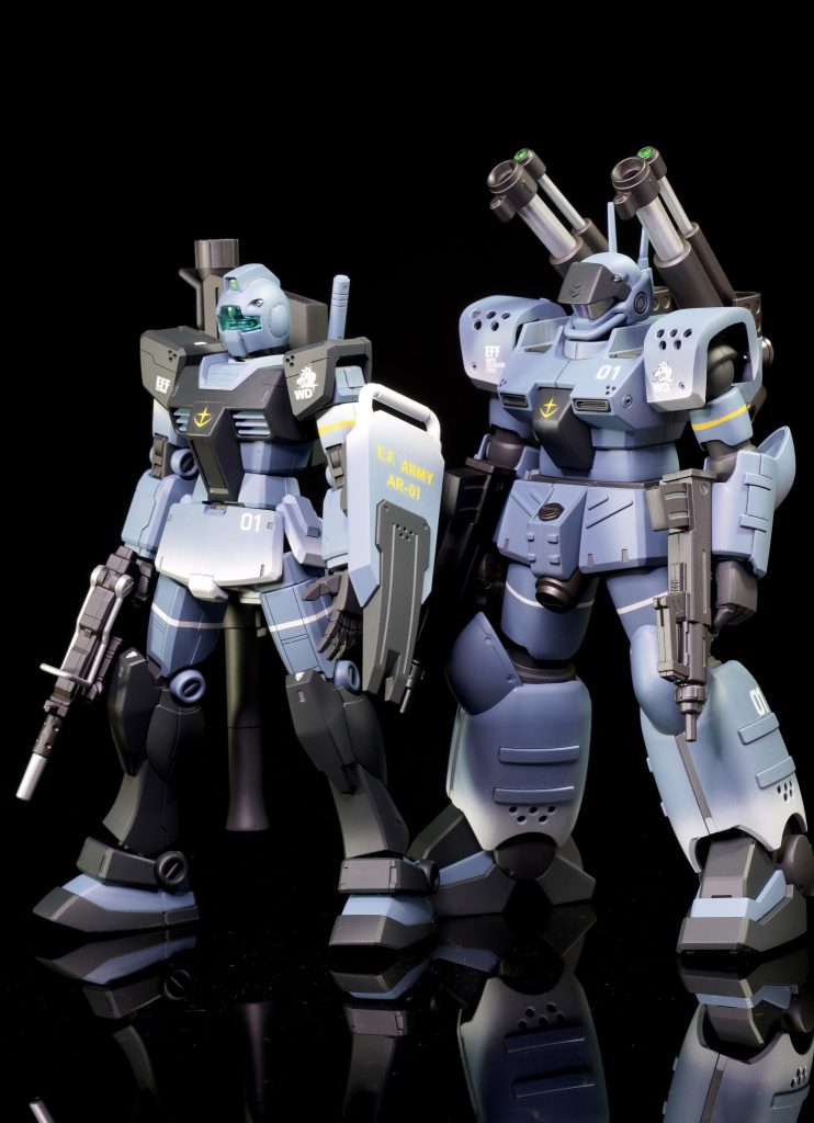 同時進行で制作していた ガンキャノン量産型 と並べて●使用塗料本体（ブルー）：Mr.カラー  ミディアムブルー + ガイア ミディアムブルー本体（黒）：Mr.カラー  ミッドナイトブルー本体（白ｸﾞﾗﾃﾞ）：ニュートラルグレーⅠ武装（黒1）：Mr.カラー　黒鉄色武装（黒2）：Mr.カラー　ブルーブラック武装（ｼﾙﾊﾞｰ）：ガイア　スターブライトシルバー関節：メカサフ スーパーヘヴィトップコート：Mr.カラー　スーパースムースクリア（つや消し）