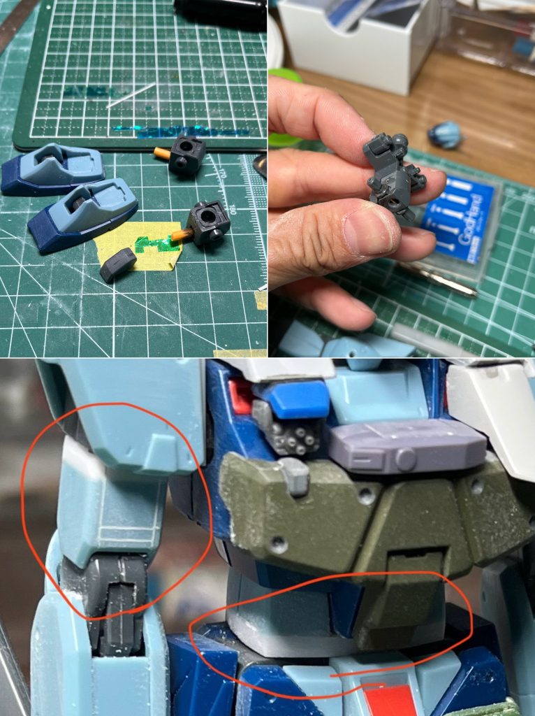 ●工作・延長工作　腰　2㎜　腕　2㎜・肩の高さ（ボールジョイント位置を2～3㎜下に下げ）・足首　軸追加・股関節3㎜くらい下に変更・ブチ穴追加・スジボリ・プラ板工作（肩上部）・肩のミサイル　プラ材にてスクラッチ