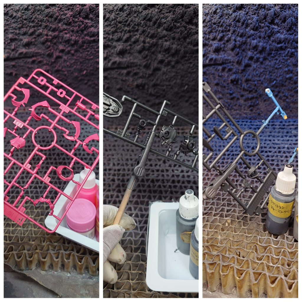 ランナー塗装はアクリジョンで。カラーレシピは■ピンク ⇒ ベースレッド2:ピンク8:蛍光ピンク1■フレーム ⇒ ベースグレー2:グレーバイオレット6:黒鉄色2■ブラック ⇒ ベースグレー2:ジャーマングレー8ベースカラーを少し混ぜると、いきなり本塗装でも食いつきが良い気がします。