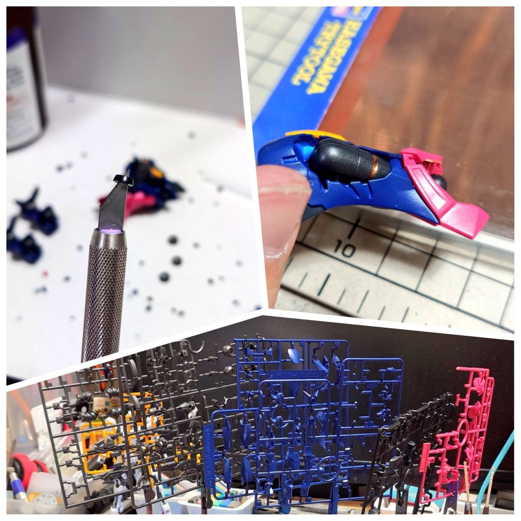 で、塗装できたので組み始めたのですが、ジークアクスは色分けが凄まじい、逆に言うと小さいパーツがめちゃ多く、しかも一度組むとバラすのが難儀そうな部分も結構ありまして。これはランナー塗装で正解だったなと感じました。このパーツ数で串打ち(塗装棒にセットする作業)するのは大変だろうな…