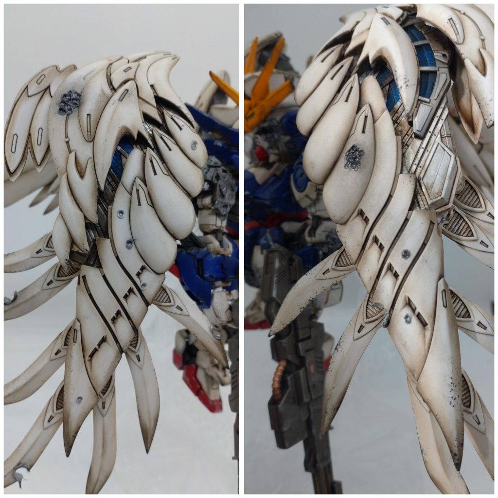 翼はこんな感じ✨ウイングゼロの翼って、新キットが発売される度に進化してますよね。ぶっちゃけ劇中だとこんなに動かないんですけどwまぁ羽根は舞い散ってましたが・・・