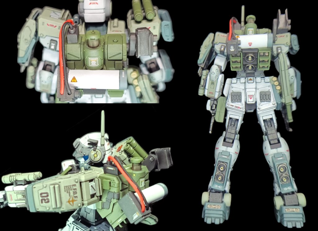 余剰パーツ（スナイパーⅡの脚の裏）で、バックパックの真ん中にバーニアを追加し、高機動化！そして稼働時間延長のため、エネルギータンクを追加。肩のシールドのトゲトゲは、爪楊枝です(hidetan様の爪楊枝ミサイルを見て、使いたくなりました）。