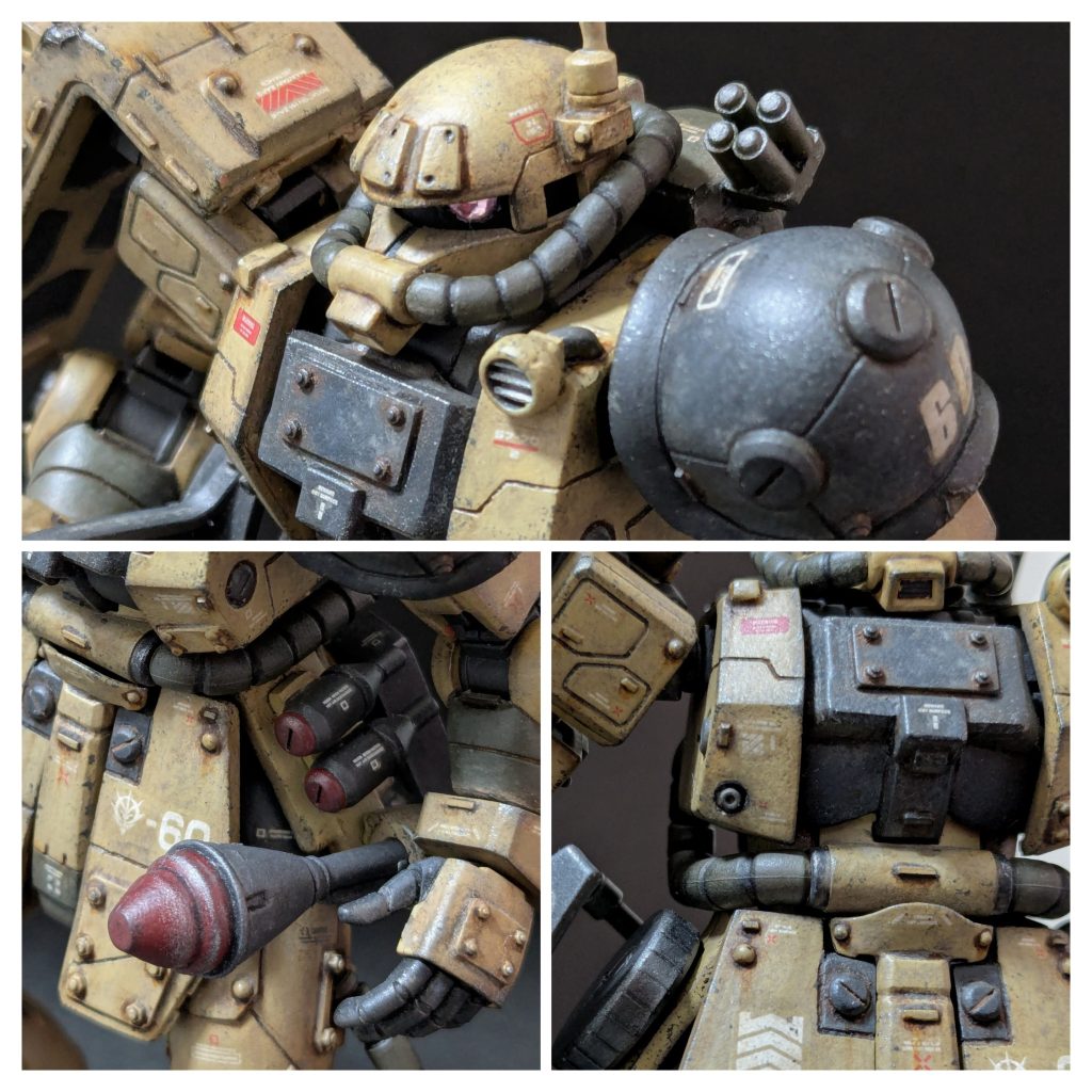 陸戦型らしく肩越しにスモークディスチャージャーと左胸にサーチライトを追加。右腹に対人・車両用のバルカン、左腰にグレネード類。