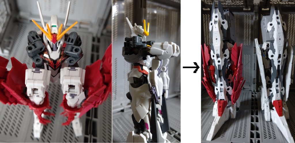 肩関節を引き延ばし、機体の横幅を胴体と同じまで縮める。バックパックの大型シールドで前面を覆い、頭部をランドセルに収納。脚部にバックパックのスタビライザーを装着し、側面をシールド&ドラゴンハングで覆う。