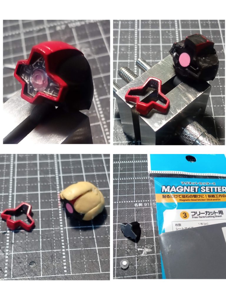 【頭部改修】卵すぎる形をガンダム寄りにしました。マスクを切り離し、修正したいところをそぎ落とし、エポパテを盛って成型。モノアイの可動化をしたいので、クリアのフェイスパーツから目だけを切り出し、ネオジム(2㎜×1㎜)を仕込めるように裏側を削る。磁石受けをマグネットセッターを使用し、フェイスパーツの型に合わせて切り出し貼る。フェイスパーツを2㎜ぐらい奥に行くように削り奥まった感じにする。しないと目が飛び出た感じになっちゃいます(>_<)