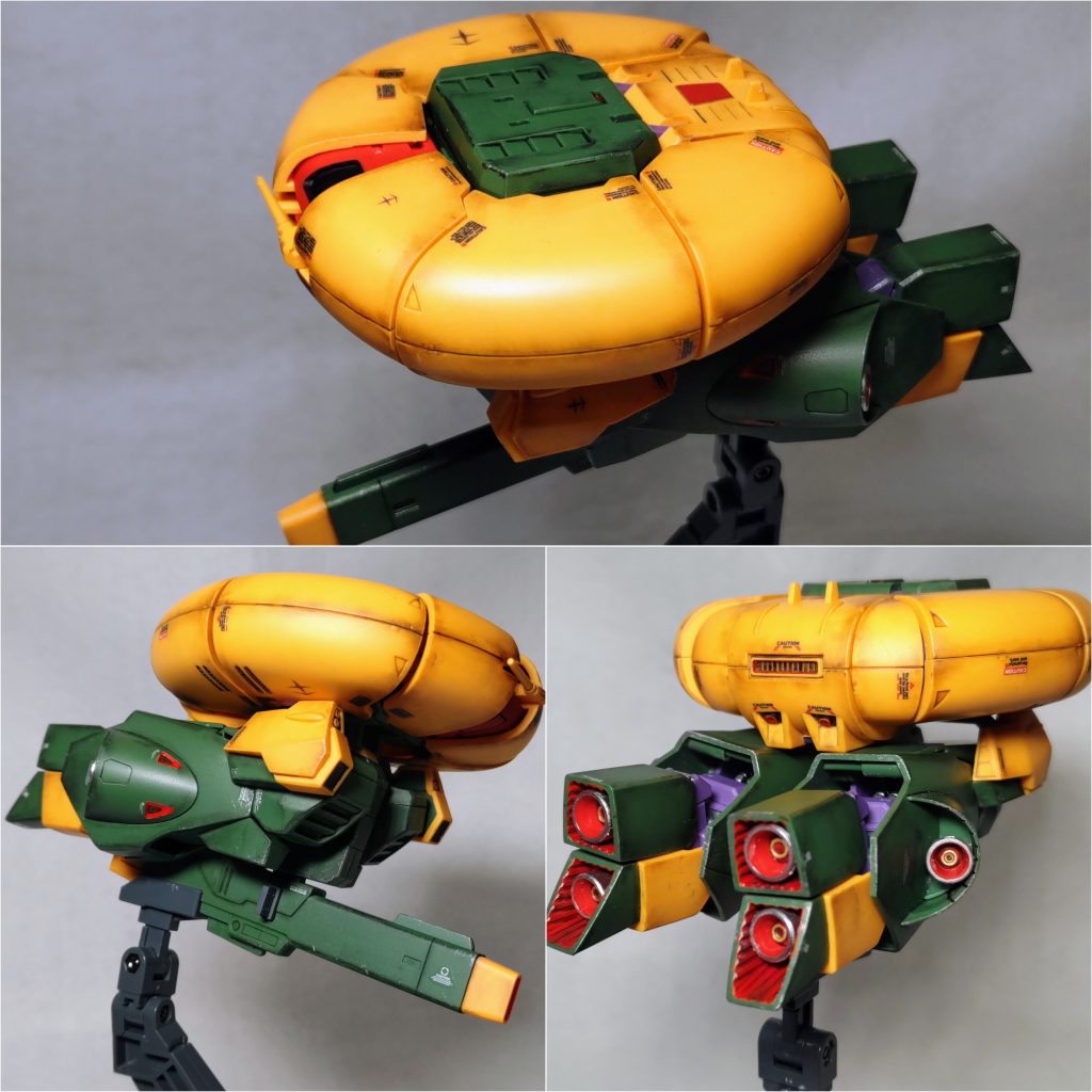 アッシマーと言えばやはりこのハンバーガー形態!部分塗装塗装した足のスラスター部が映えます(zaku-kao6)デカール剥がれが怖くて緩めに変形させてますが実際はもっとかっちり変形できます。HGでの破綻のない完全変形はすごいです!特に足の伸縮機構(zaku-kao8)