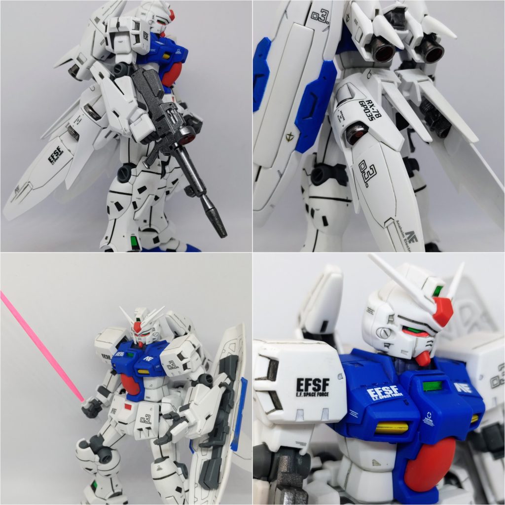 武器持ち手のサイズが合っておらずライフルがすぐ落ちます。シールドもどうやっても説明書通りに保持させることができず干渉する部分をカットしたりして無理矢理持たせてます(zaku-kao4)しかしホントこの時代のHGはちゃんと手間さえかければ造形自体はすごく良いですね(gundam-kao3)