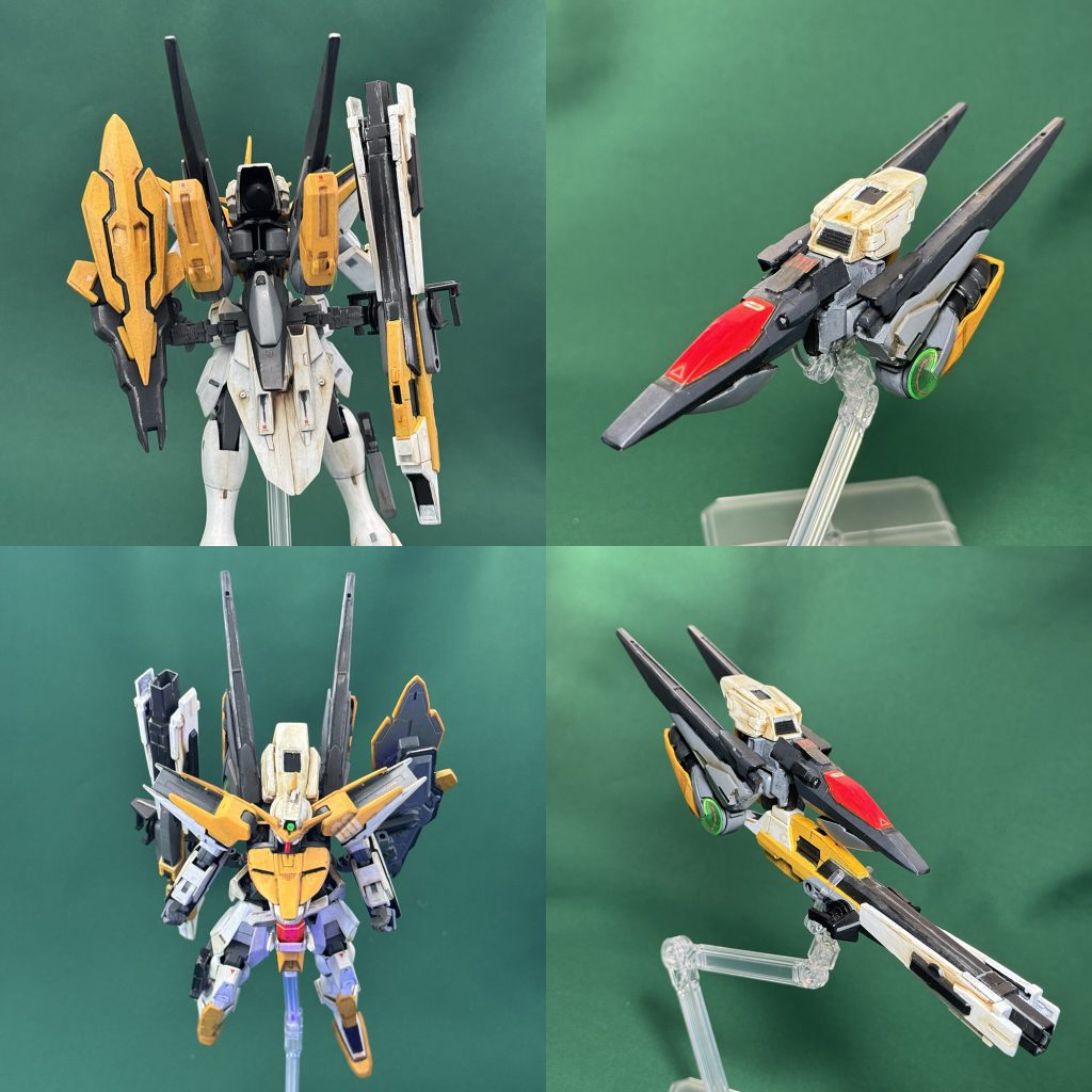 紆余曲折あって「セカンドVがダブルオーの世界に転生したらこんな感じじゃね？」という方向性で、いわゆる物干し竿とシールドも懸架する形にしてまとめました。背中のコアファイターにはFGキュリオスの肩やダブルオーの足などを使い、さらに竿と合体できるようにしました。