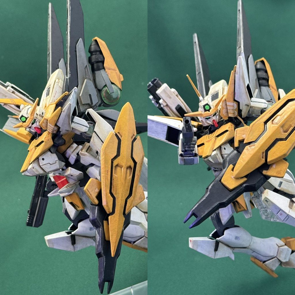 シールドはGアルケインのものとエクシアのものを合わせました。シールドビット風の自作パーツも付けています。エクシアのシールド部分が回転して防御範囲が広がったり、近接武装になるイメージです。ハンドガンは境界戦機の武器セットから拝借しました。