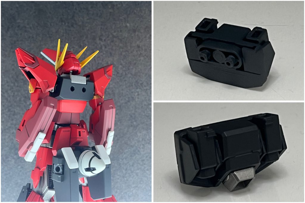 追記バックパックの接続について。胴体はイモータルジャスティスそのままのため、昨今のガンプラで採用されている二つ穴タイプの受になっています。ファトゥム基部は隠者の01を使っているため、イモータルジャスティスに取り付けられるよう、隠者の胴体後ろ側半分をファトゥム専用のジョイント化とし、二つ穴の突起のついたパーツをイモジャの胴体側に設置することで解決しました。二つ穴用の突起パーツの周りはプラ板で塞いでいます。