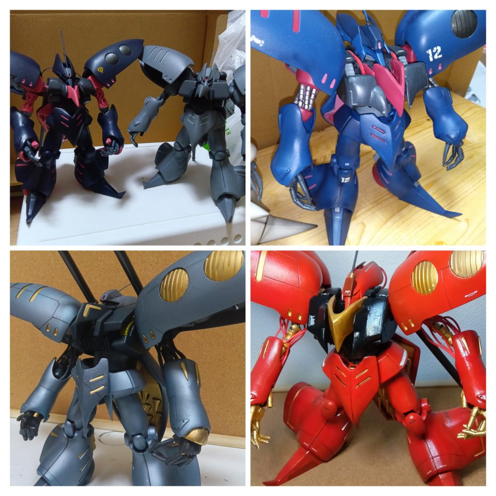 左上から時計回りで、1/1442体、マリーダ機、今回作成の量産型キュベレイカスタム、マグナ・マーテルになります。キュベレイが大好きで1つとして同じ造りをしていないというか、もっと良くしたいと思ってやっていたら、こうなりました。初めての投稿で皆さんの感想を聞きたく、宜しくお願い致します。