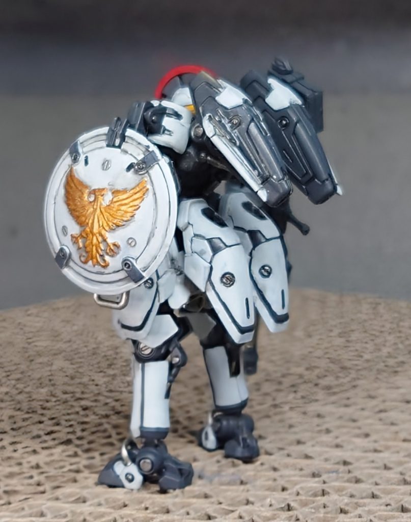 下地にガイアのメカサフスーパーヘヴィその上からシタデルのコラックスホワイト、アイアンハンドスティール、メフィストンレッド、リトリビューターアーマーを塗りました。