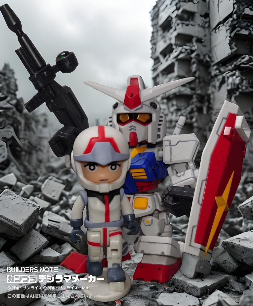 市街地　アムロ・レイの台座が気になりますが、雰囲気は悪くないと思います　SDガンダムの瞳は苦手なので、ｲｴﾛｰｺﾞｰﾙﾄﾞ塗布してﾚｼﾞﾝ処理しています