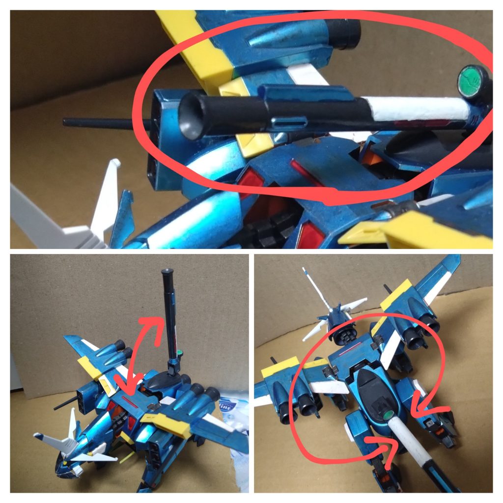 ここからアグゥの各武装を説明。・『チェンジングキャノン』 アグゥの最大の特徴の一つで、この機体だけに搭載された特殊主兵装。４種類の弾頭に切り替える武装で、弾を装填する際にそれぞれの弾に切り替えられるという優れもの。また砲台は軸を上下はもちろん、中心に360度回転して動かすことが可能。この武器は水中でも使用できる。一つ目の弾は普通の『通常弾』(最大８発)、2つ目は超高速で貫通力が非常に高いことからPS装甲を一撃でフェイズシフトダウンにさせる程の威力を持つ『超高速貫通弾』(最大２発)、3つ目は大量の球体の散弾が詰まった『対空榴散弾』(最大３発)、4つ目はメモリー専用ザクに搭載されたのと同じ『ダミーバルーン弾』(最大２発)の計１５発の発射ができる。それぞれの弾数に制限があるモノの、弾の種類や性能はかなり優れたモノとなるだろう。そんな武器ですが、発射する際は頭部のアンテナに当たらぬよう頭部を下げるか、砲台を横にズラしての発射となる。