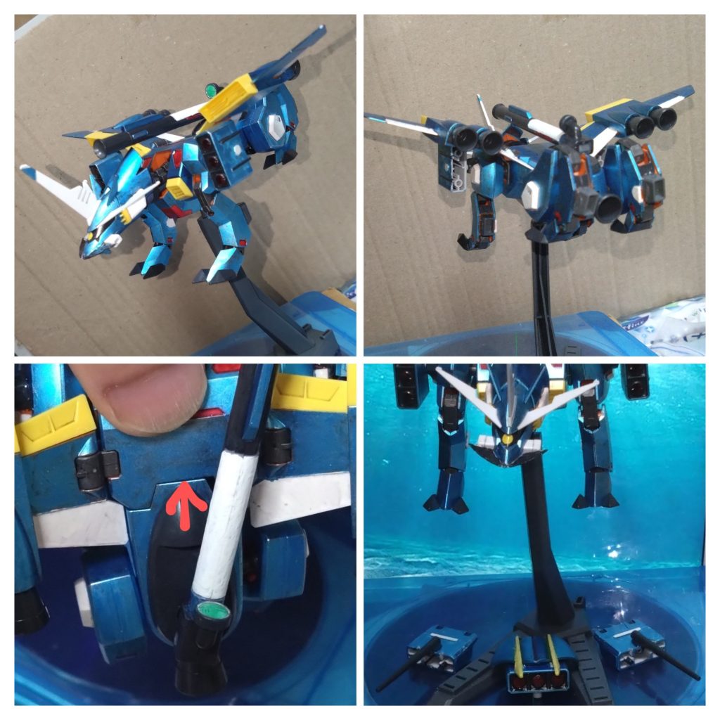 水中戦時。海上だけでなく海に潜れるアグゥの特徴ともなる形態。脚のスラスターを後ろに向けるように動かすことで、水中での高い機動性を出せるかと…。こちらは水圧対策として腹部の隙間を隠し、水中用ドラグーンを射出してからの形態になります。