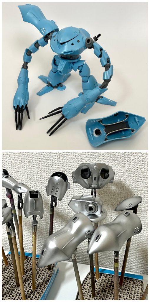 装甲部は発色性やリアリティを向上させるために、スターブライトシルバーで塗装したうえで、基本色を重ねています。言わなければ誰も気づかないヤツですね笑