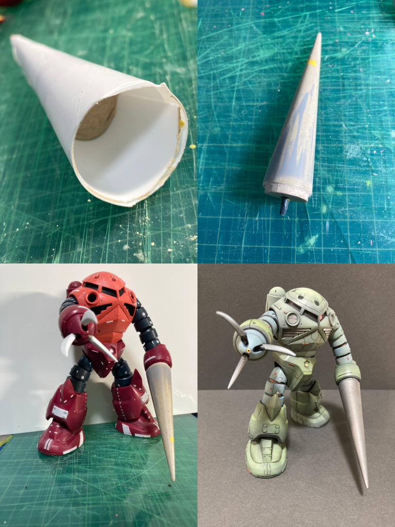 2.24追記おまけ。ランスの製作途中と、今回の素体となったシャアズゴックへの装着時、塗装後の同じポーズ（before/after）の写真です(zaku-kao5)シャアズゴックも製作したいですねえ。（というかそっちが先であるべきだったか...）