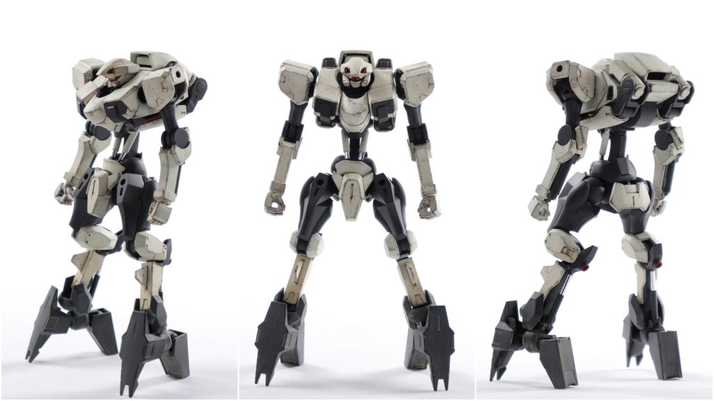 全体像です。ひざ下をユーゴーに置き換えたり、胴と肘~手首を延長したくらいでぱっと見はあまり変化ないようにしています。ザウォートが元からそうですが、逆関節にしたことでよりアーマードコアっぽいです。