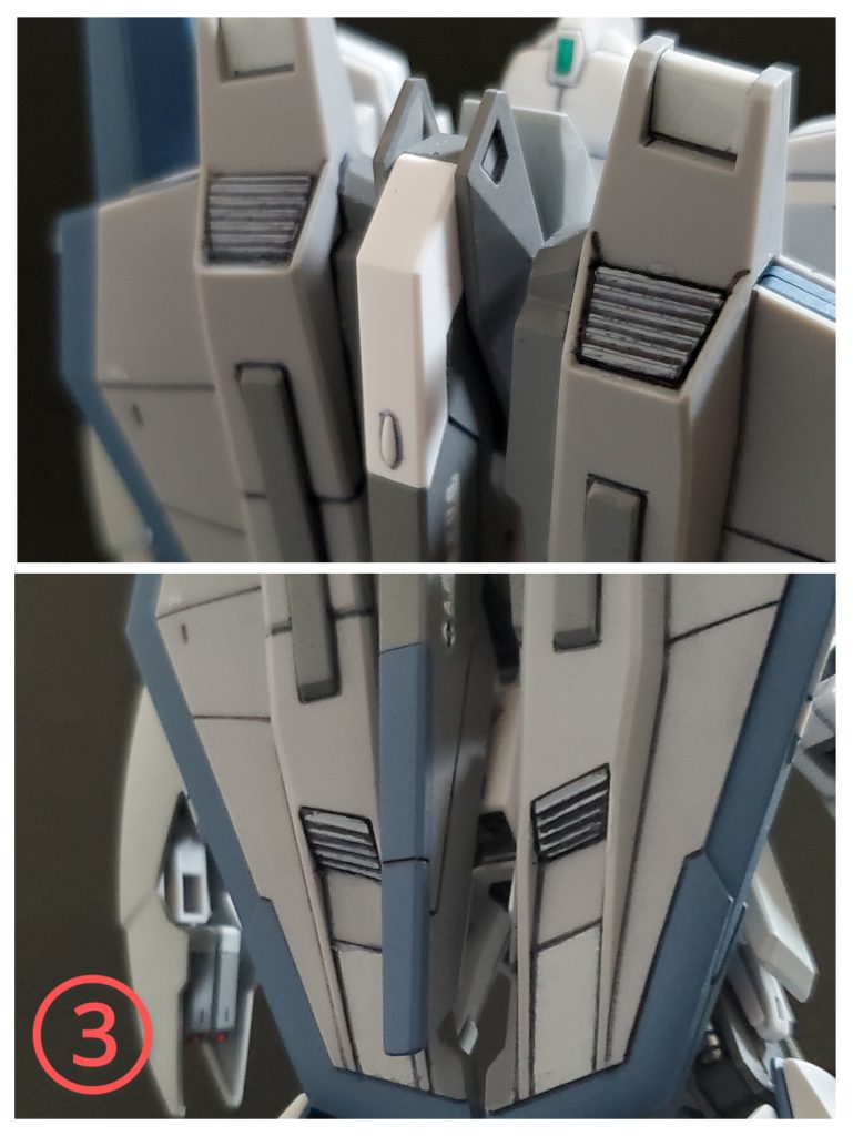 ③背面のバインダーの上下にはスラスター口があり、ただ四角いだけなのでフィンにみえるようディテールアップパーツを加えてみました😆🎶