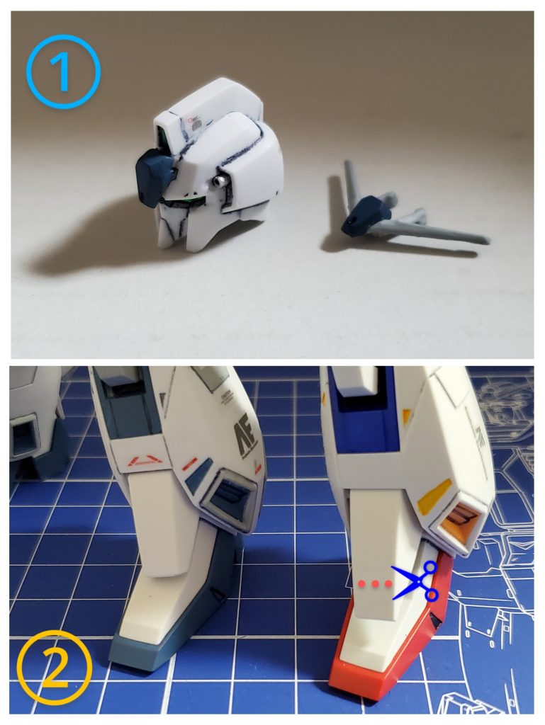 では今回のささやかな改修ポイント～😎✨①ZガンダムOPに出てくる俗に言う『シルエットゼータ👤』のつもりでV字アンテナのない頭部にしてみました🎵またV字アンテナ付きの額パーツも別に用意‼️好みで交換できるようにしております🤭✨②脚部のアンクルガードが標準だと長過ぎで足首間接の可動域の邪魔をするので、少々カット✂️させて頂きました🎵これにより足首が少し前に倒れ込むようになりました🙌