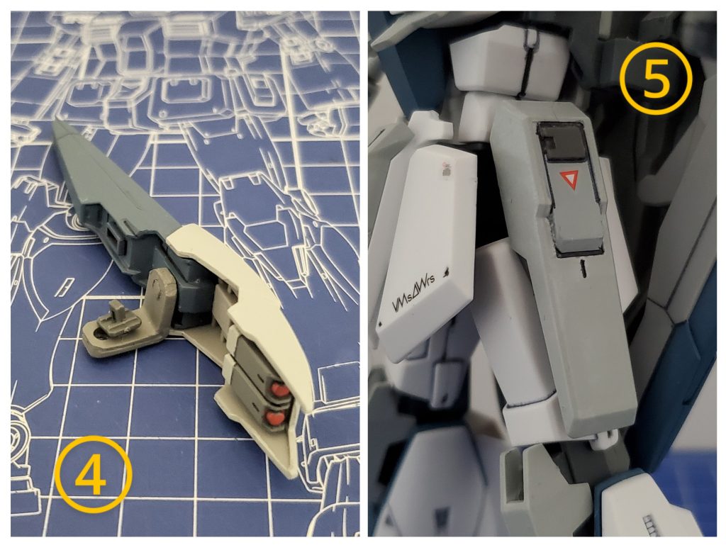 ④Zガンダムこシールドは腕の背面側に装備されるので左腕側面にもってこれないので、側面に装備できるように今回はプラ板三枚を重ね合わせて、L字型のパーツを自作しました😎✨ピンバイスで穴を開け接続可能としております😌☘️⑤腰サイドアーマーに実際にビームサーベルを装備させたい‼️ただそれだけでライトニングガンダムのアーマーパーツを流用しました🤣💦