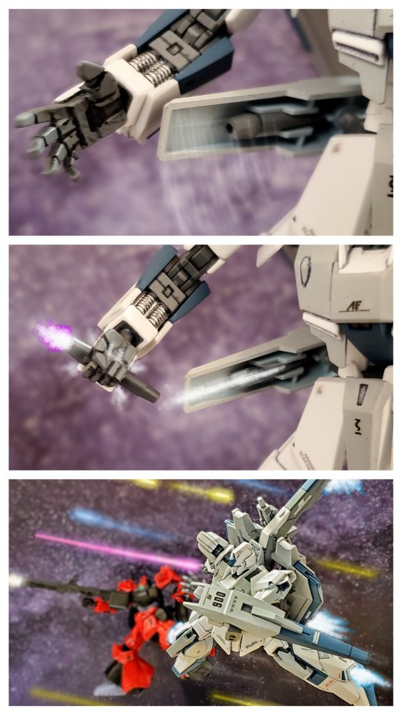 本作戦は迅速にコロニーに向かい、ジャック大尉救援が最大の目的‼️まだ戦闘が継続的に続くと考えたクワトロ大尉はライフルのエネルギーを温存し、腰アーマー内側に装備されたビームサーベルを抜きハイザックに迫る👊✨