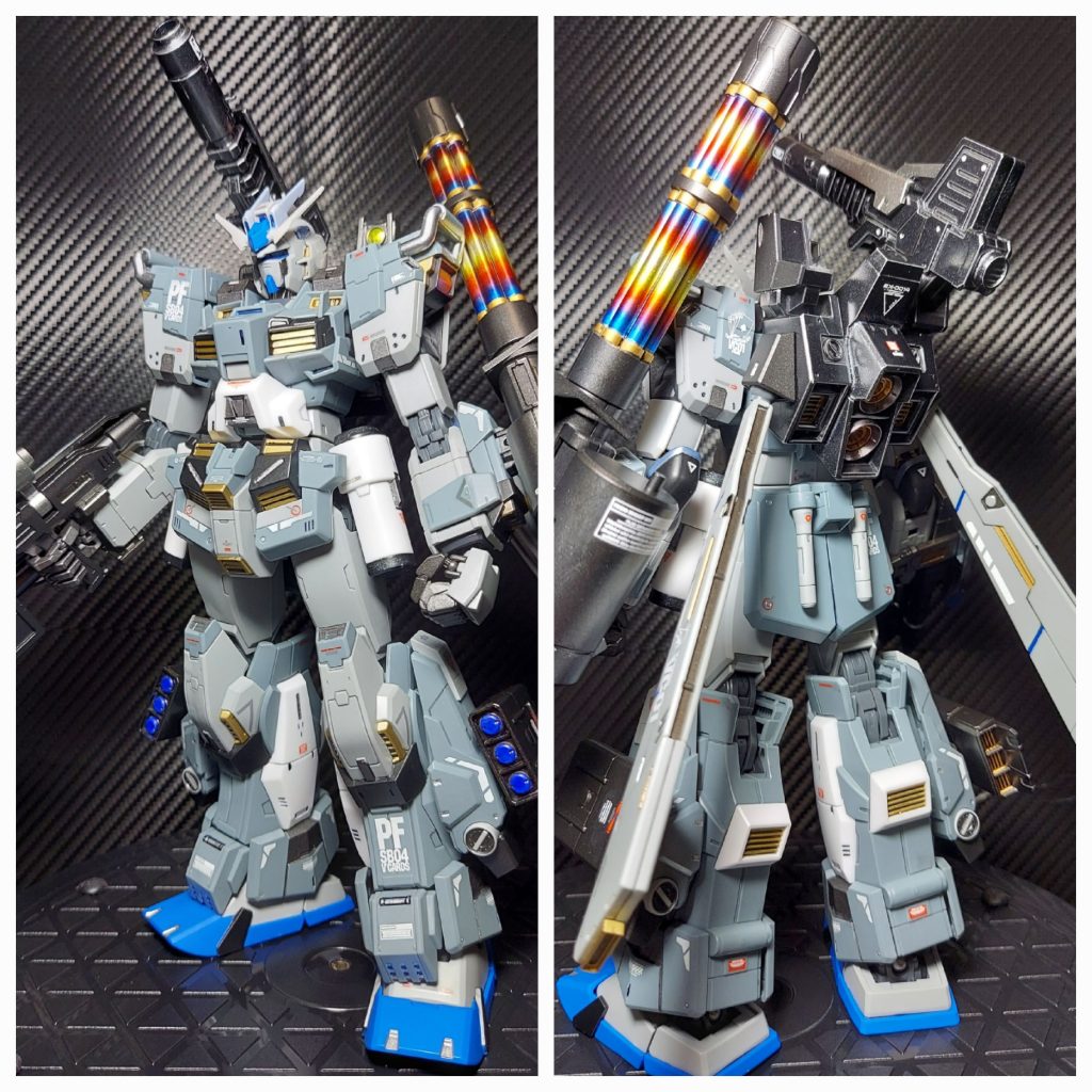 ガンダムストームブリンガーP.F.脛部に3mm穴開けてミサイルポットを追加。背部プロペラントタンクにスラスターを追加しました。