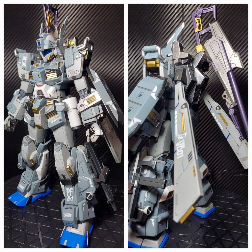 ジム・タービュレンス他のキットからスナイパーライフルとサブマシンガンを持ってきました。サブマシンガンは脛部の3mm穴に、ライフルはバックパックのバズーカを外して懸架できるようにしました。