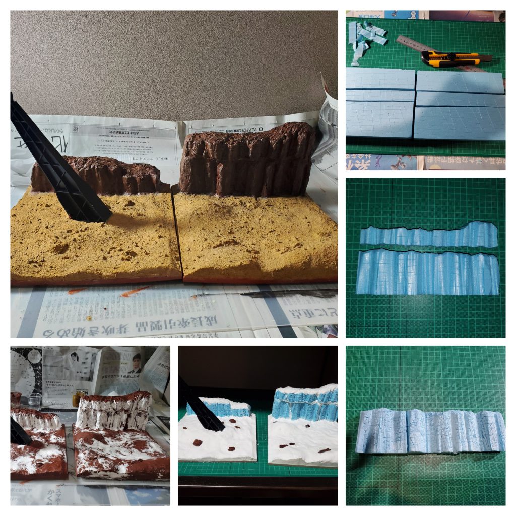 スタイロフォームにてきとうにカッターをいれたらてきとうに分割、スチロールカッターで波状に凹凸をつけたら、真鍮ブラシでガシガシ、紙粘土とバークチップで土台完成!…とはいかず、きにいらないから紙粘土でさらに形を整え、上からジオラマ用の砂を接着したら、塗装で完成!これ全て100均で揃うなんてすごいですね。スチロールカッターだけは100均ではないけども…