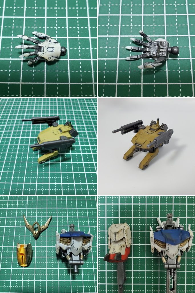 指先を尖らせるためにプラ板を接着モビルワーカーを筆塗り黄色の部品を金色に筆塗りそして、グランドブラウンでウェザリング、右下の写真ですが、左が施工後、右が施工前、やはり汚れた感じでますね